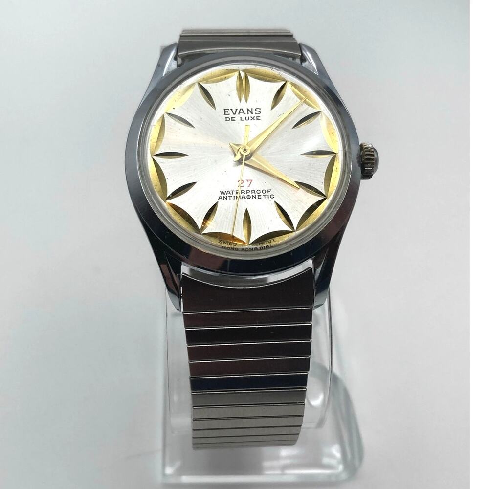 VTG Swiss EVANS De Luxe 27j Mechanical Men's Watch 35mm Stretch Band WR *read*